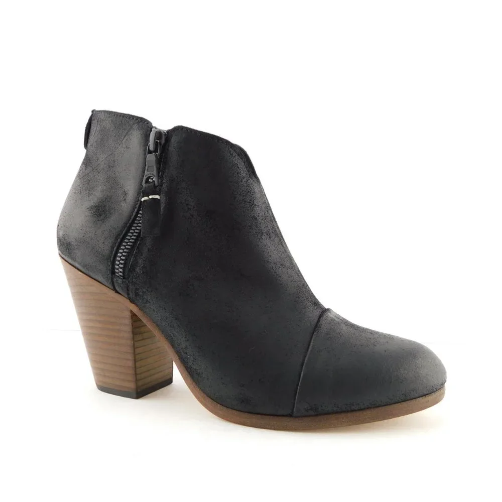 New RAG & BONE Black Leather Cap Toe Block Heel Double Zipper Booties 38.5